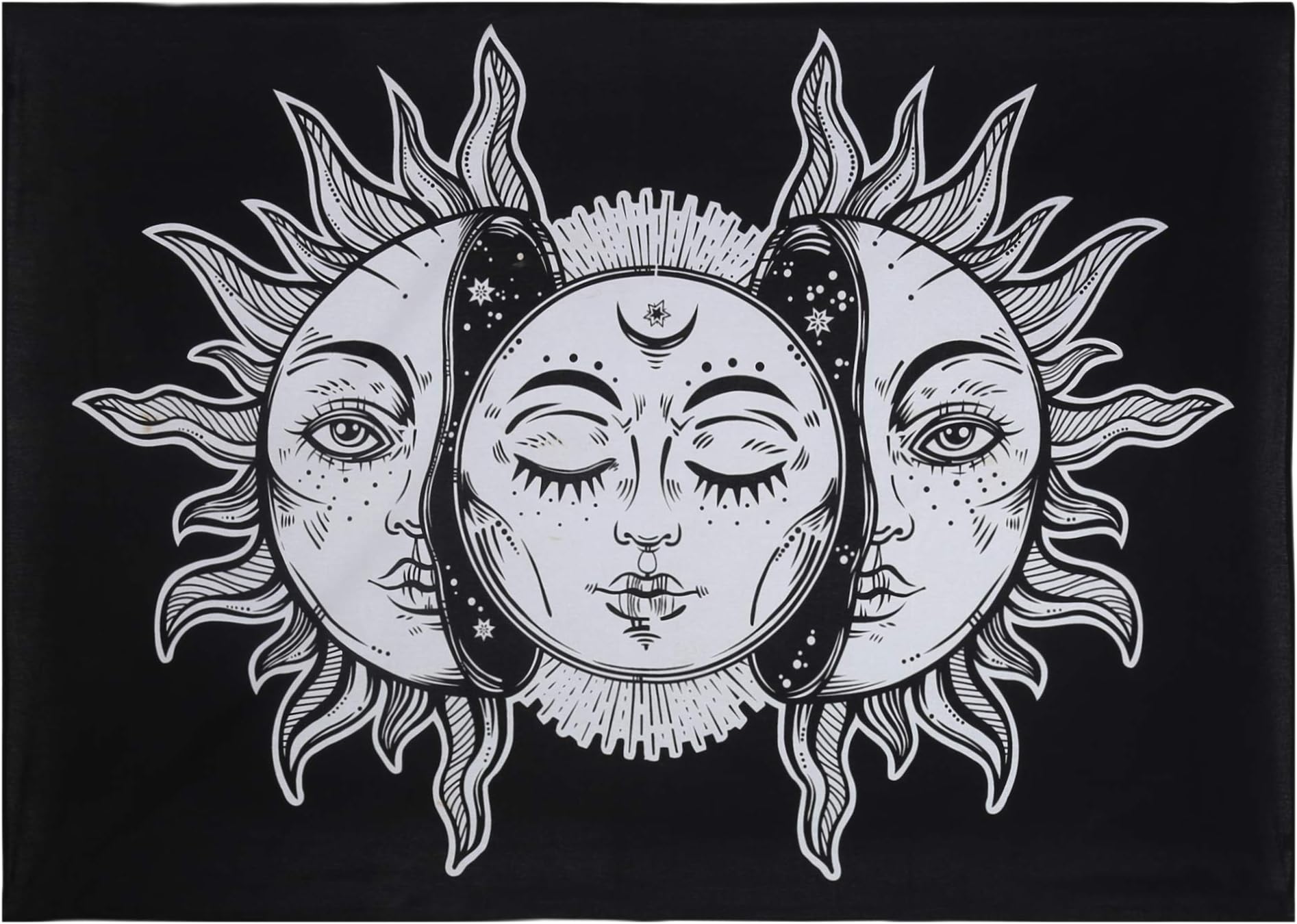 raajsee Psychedelic Burning Sun and Moon with Fractal Faces Tarot Tapestry Wall Hanging,Indian Cotton Throw,Black & White Mystic Tapestries Hippie Mandala,Boho Bedding Yoga Mat Meditation 54x82 inch