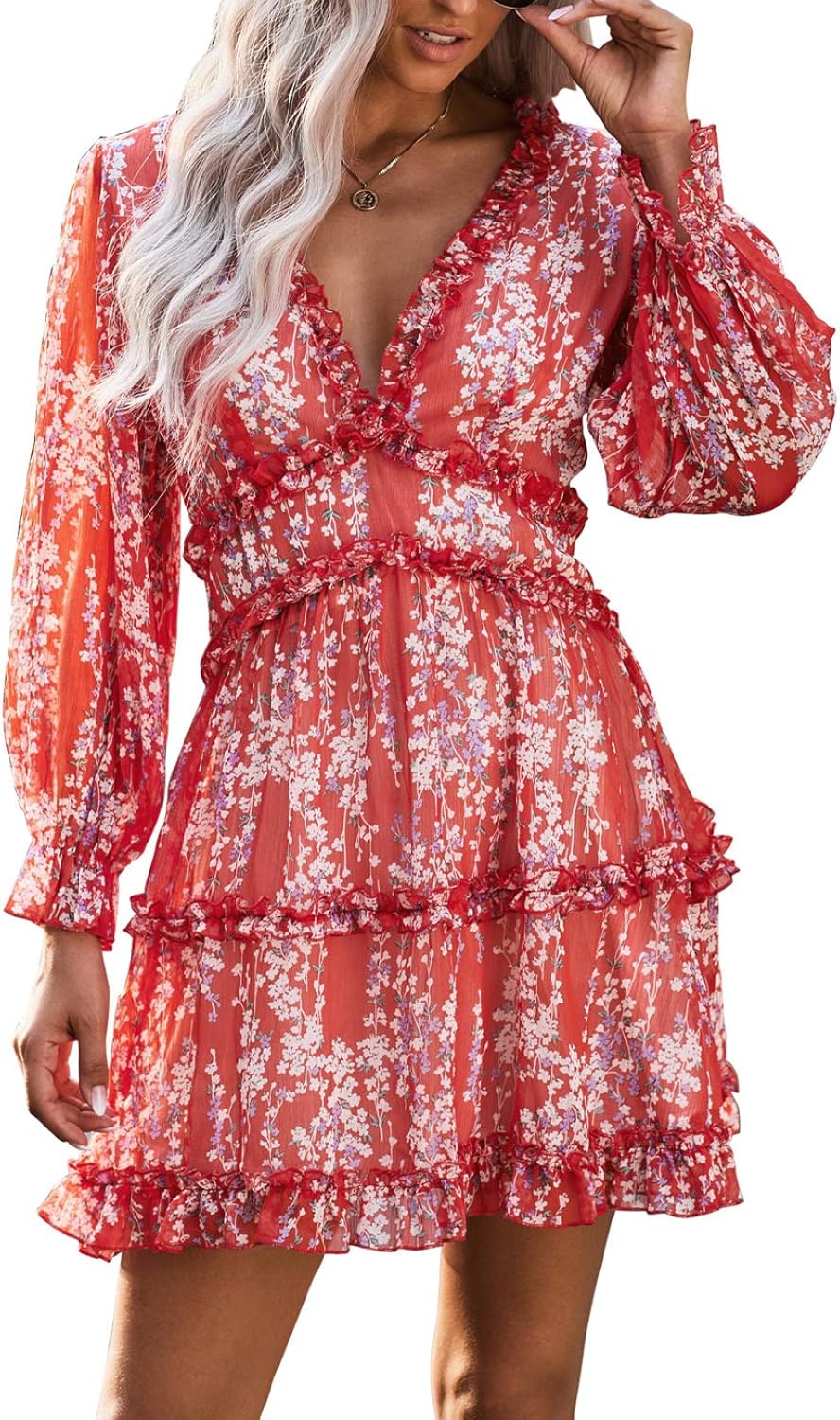 Happy Sailed Women Long Sleeve Ruffle Layer Backless Swing Mini Dresses: Clothing