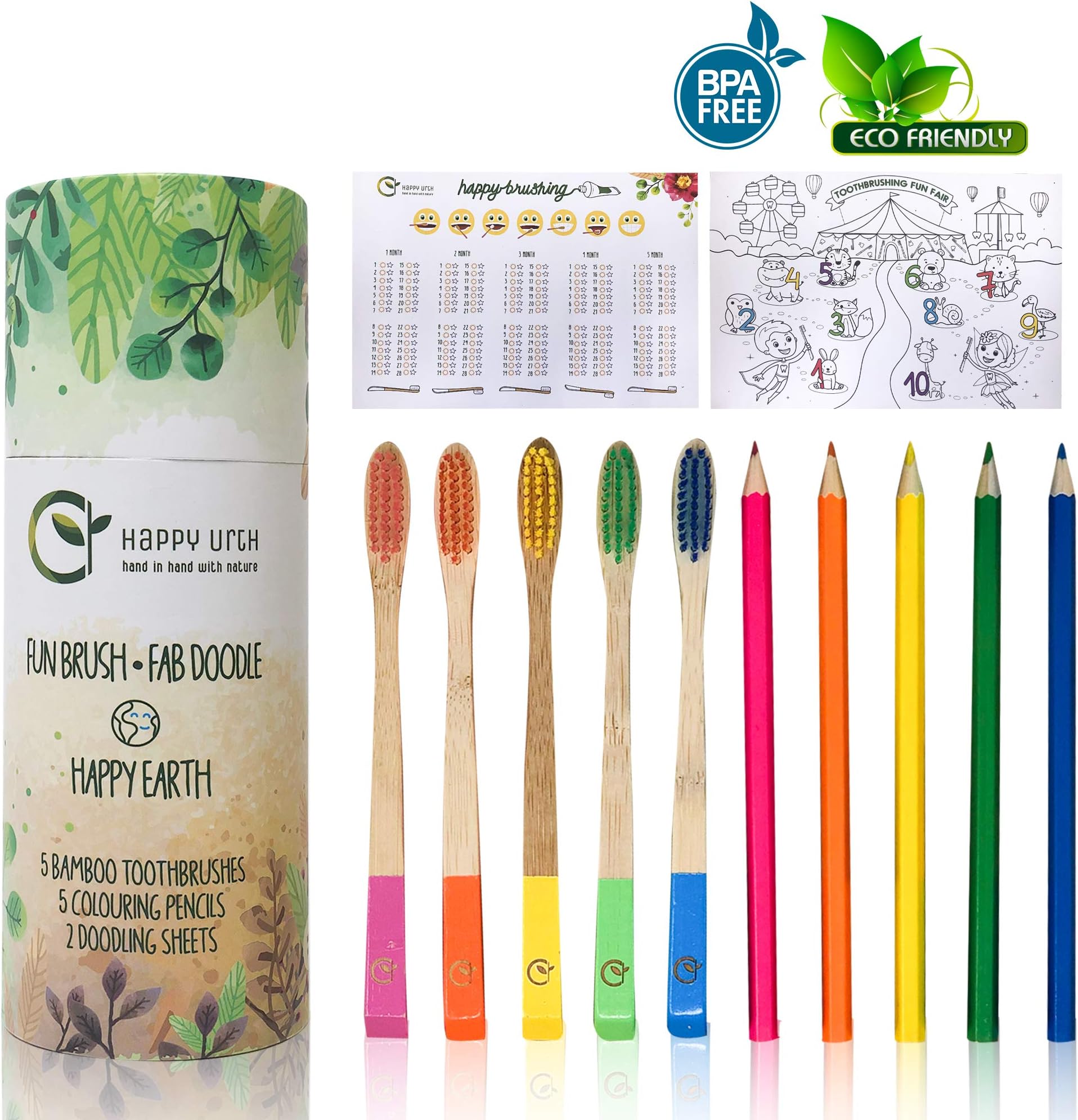 HappyUrth Bamboo Toothbrushes for Kids - BPA-free, Zero-waste, Eco-friendly Oral Care for Children - Cleaner Teeth - Brushing Chart, Colouring Pencils, Doodling Sheet, Non-Plastic Reusable Travel Case