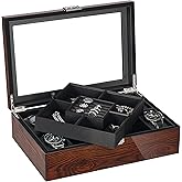 BEWISHOME Jewelry Box for Men, Mens Jewelry Box with Glass Top, Wooden Watch Box Organizer with Smooth Faux Leather Interior, Jewelry Display Case for Earrings Rings Bracelets Watches, Brown SSH07Y