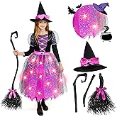 Spooktacular Creations Witch Costume Kids, Light Up Halloween Costumes Witch Dress with Hat and Broom for Girls, Sweet Wizard Set for Toddler Scary Halloween Themed Parties, Pink, S