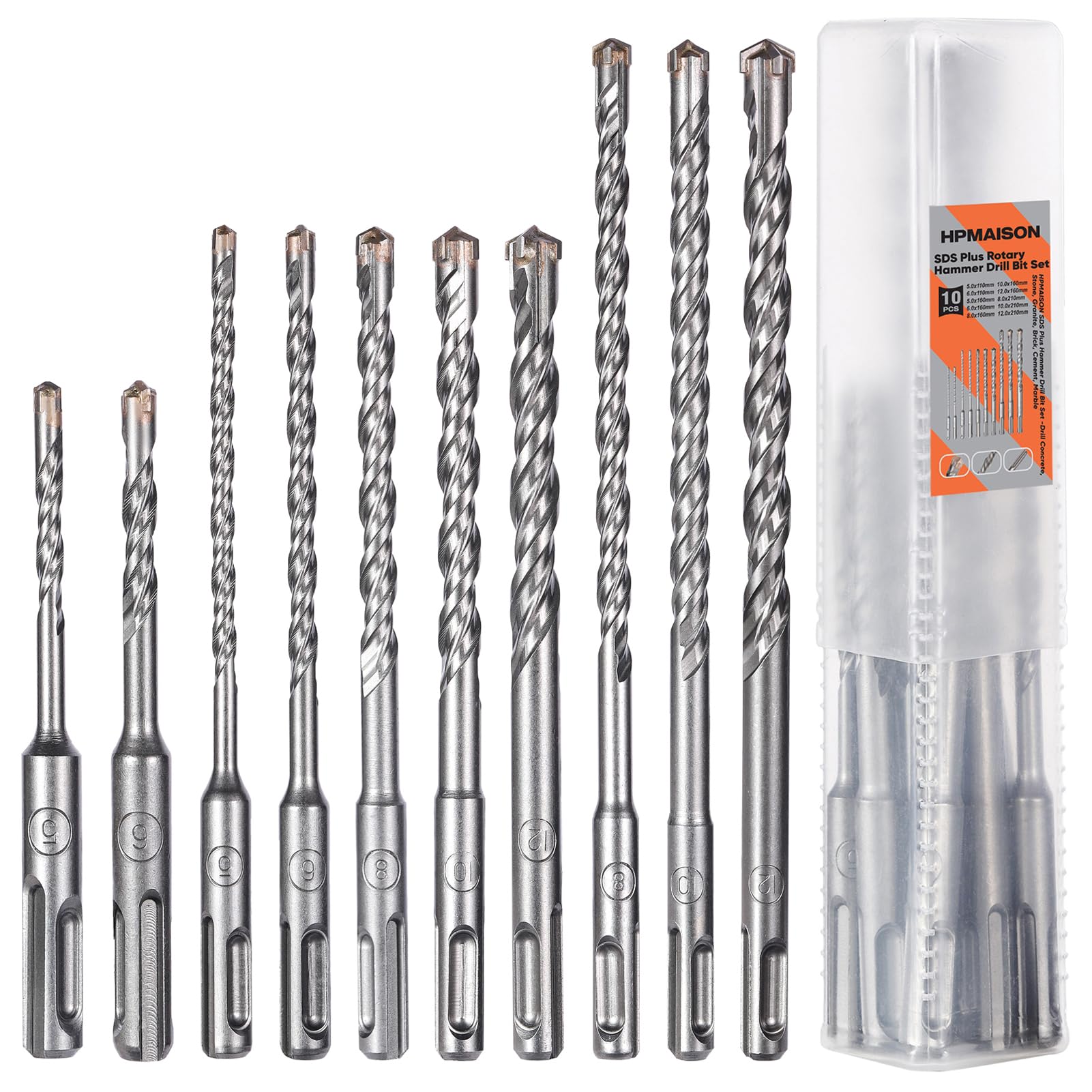 HPMAISON SDS Plus Rotary Hammer Drill Bit Set, 10PCS Cross Drill Bits Hammer Impact Drill Bit for Concrete, Stone, Brick Wall, Cement 5mm/6mm x 110mm, 5/6/8/10/12mm x 160mm, 8/10/12mm x 210mm