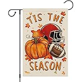 Heyfibro Tis The Season Fall Garden Flag 12x18 Double Sided Burlap, Autumn Pumpkin Football Helmet Yard Flags for Thanksgiving Rustic Seasonal Outside Outdoor Decoration (ONLY FLAG)