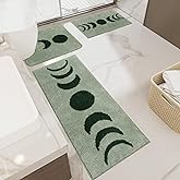 Schweek Boho Bath Mat Rug Sets, Non-Slip Moon Phases Bath Rug with U Shaped Toilet Mats Water Absorbent Bath Mats, Washable Boho Area Rug Carpet, Green