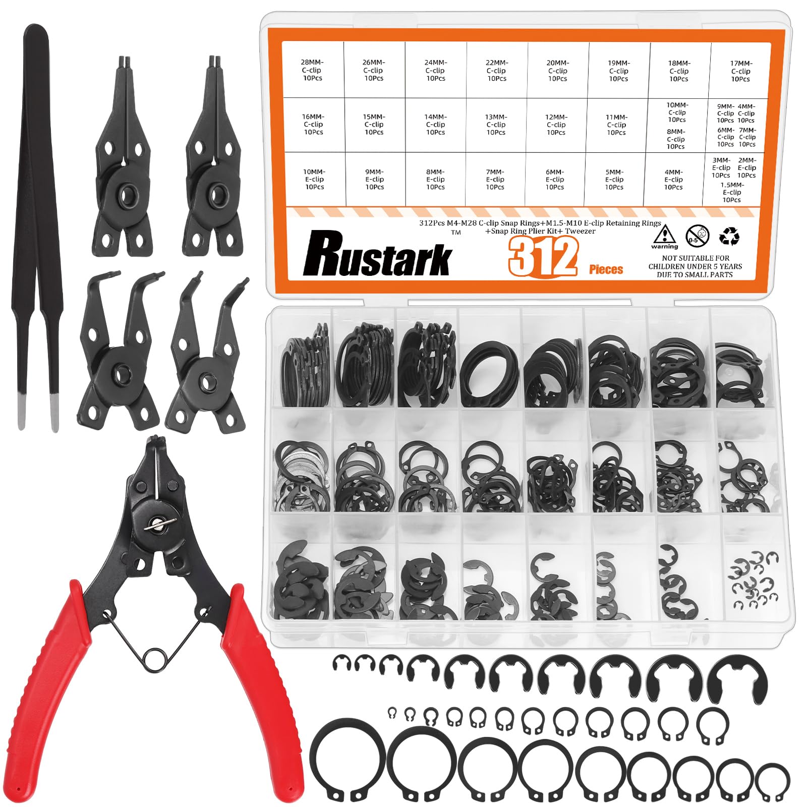 Rustark 312Pcs 4 in 1 Snap Ring Pliers with M1.5-M10 Black E-Clip Circlip Retaining Rings Assortment Kit and M4-M28 C-Clip External Snap Rings Assortment Kit with Tweezers