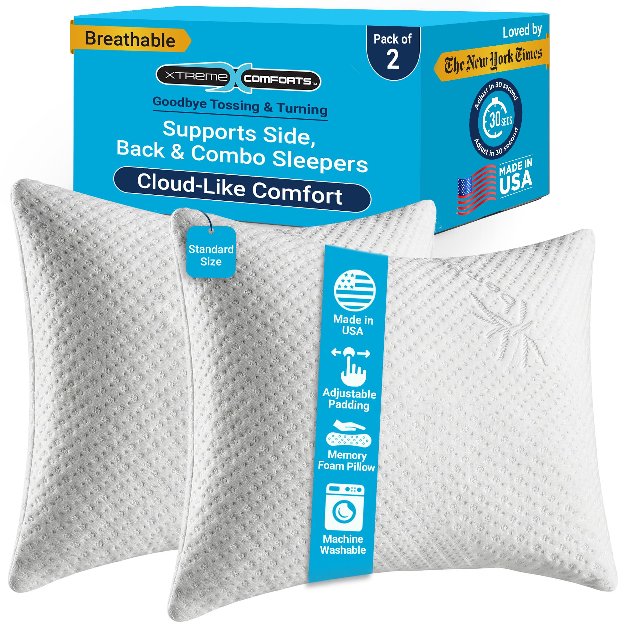 Xtreme Comforts Bed Pillows for Sleeping (2 Pack) | Adjustable Shredded Memory Foam Pillows with Removable Cooling Cover | Fluffy Pillows Support for Side, Back & Stomach Sleepers - Standard Size