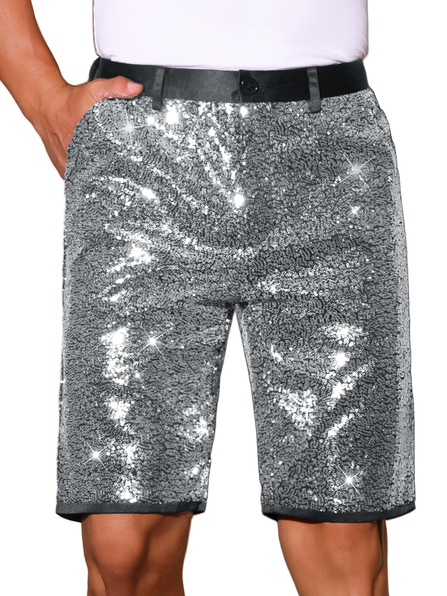Photo 1 of (medium 36") vLars Amadeus Sparkly Silver Sequin Shorts for Men's Straight Leg Club Rave Party Metallic Shorts 36