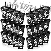 Skylety 24 Sets Music Themed Gifts Musical Tumbler Cups Bulk 16 oz Reusable Musical Note Plastic Tumbler with Straw and Lid Keychain Gifts for Music Lover Party Favor (Black, Color)