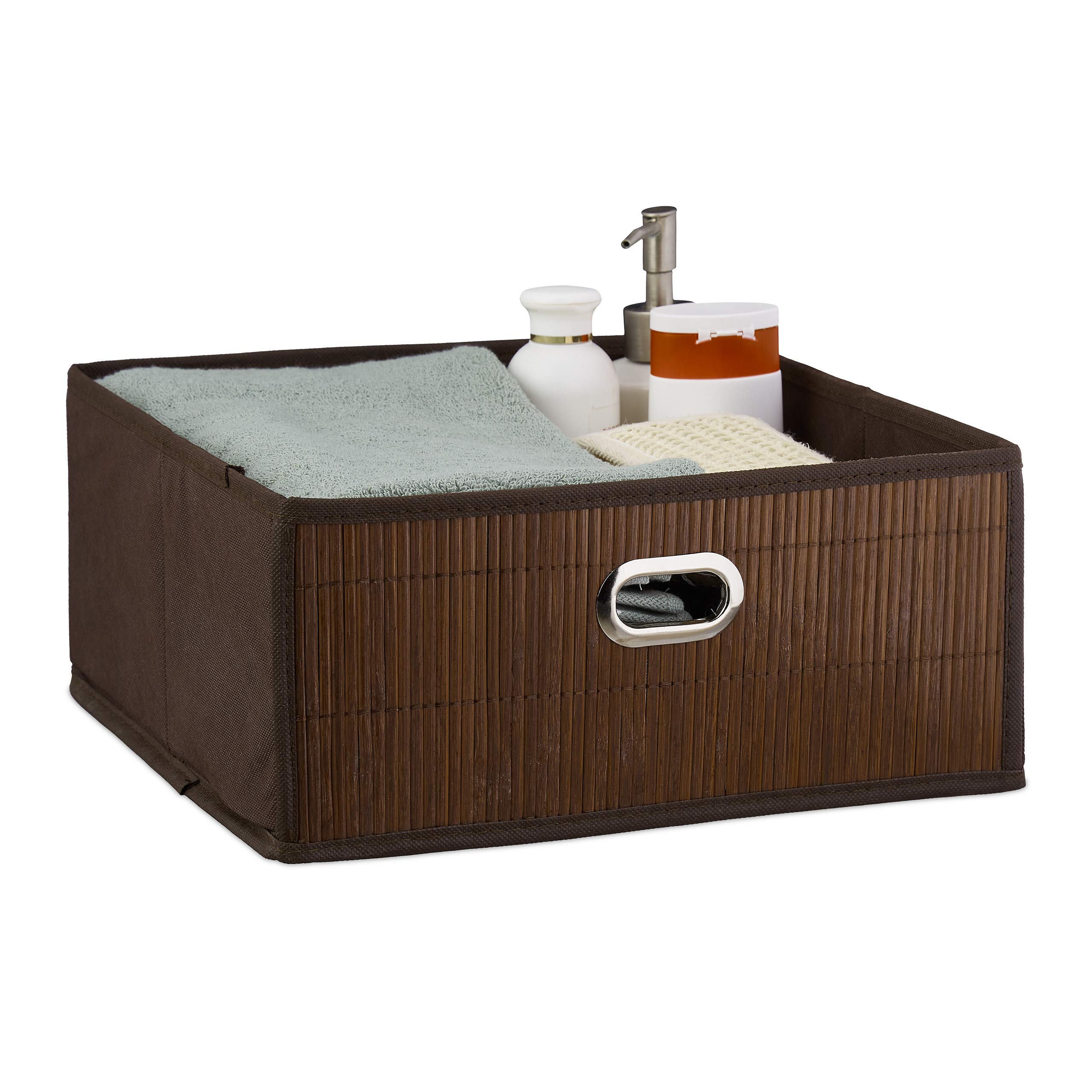 Relaxdays Bamboo Storage Basket, Bathroom & Bedroom Organiser, Square, Low Box, HxWxD 14 x 31 x 31 cm, Folding, Brown