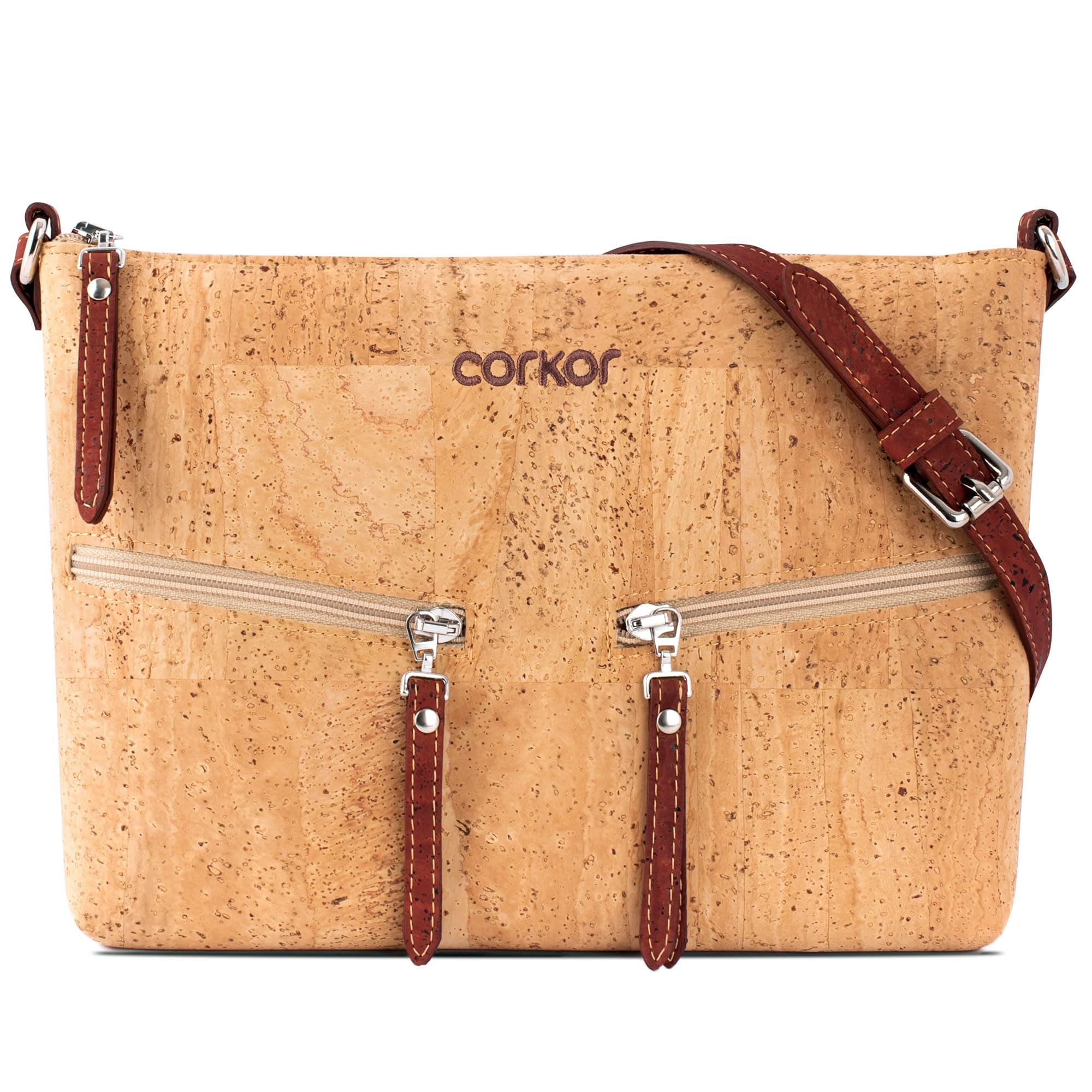 Corkor Across Body Bag for Women Front Pockets Cross Body Strap Vegan Leather Cork Red Brown Color