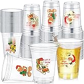 Mimorou 100 Pcs Christmas Plastic Disposable Cup 12 oz Vintage Santa Claus Gingerbread Man Snowman Candy Cane Thick Clear Cup Retro Merry Christmas Decorations Party Favor for Coffee Juice Beverage