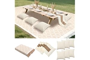 Beeveer Extra Large Outdoor Boho Picnic Blanket 91'' x 71'' Beige White Table Runner 6 Throw Pillow Cover Woven Cotton Yarn Oversize Beach Blanket Washable for Picnic Camp Wedding