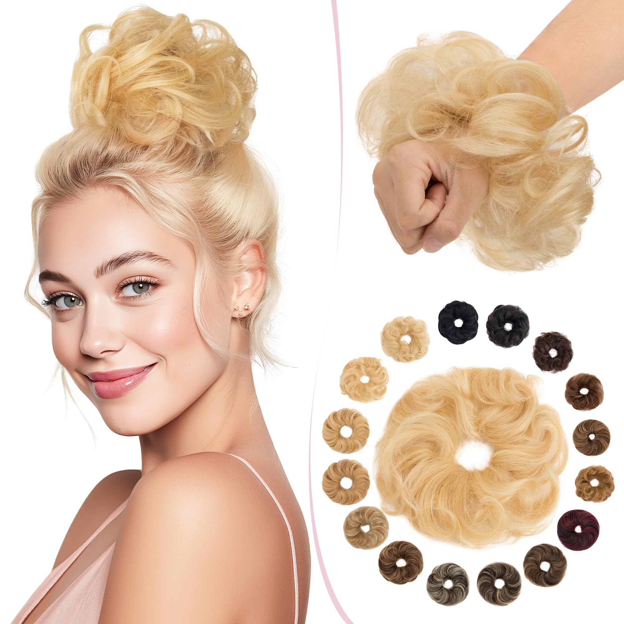 SEGO Messy Human Hair Scrunchies for Women Hair Buns Hairpiece [#613 Bleach Blonde] Real Remy Updo Scrunchies Donut Hair Extensions Chignons Curly Wavy (23g) — image 1