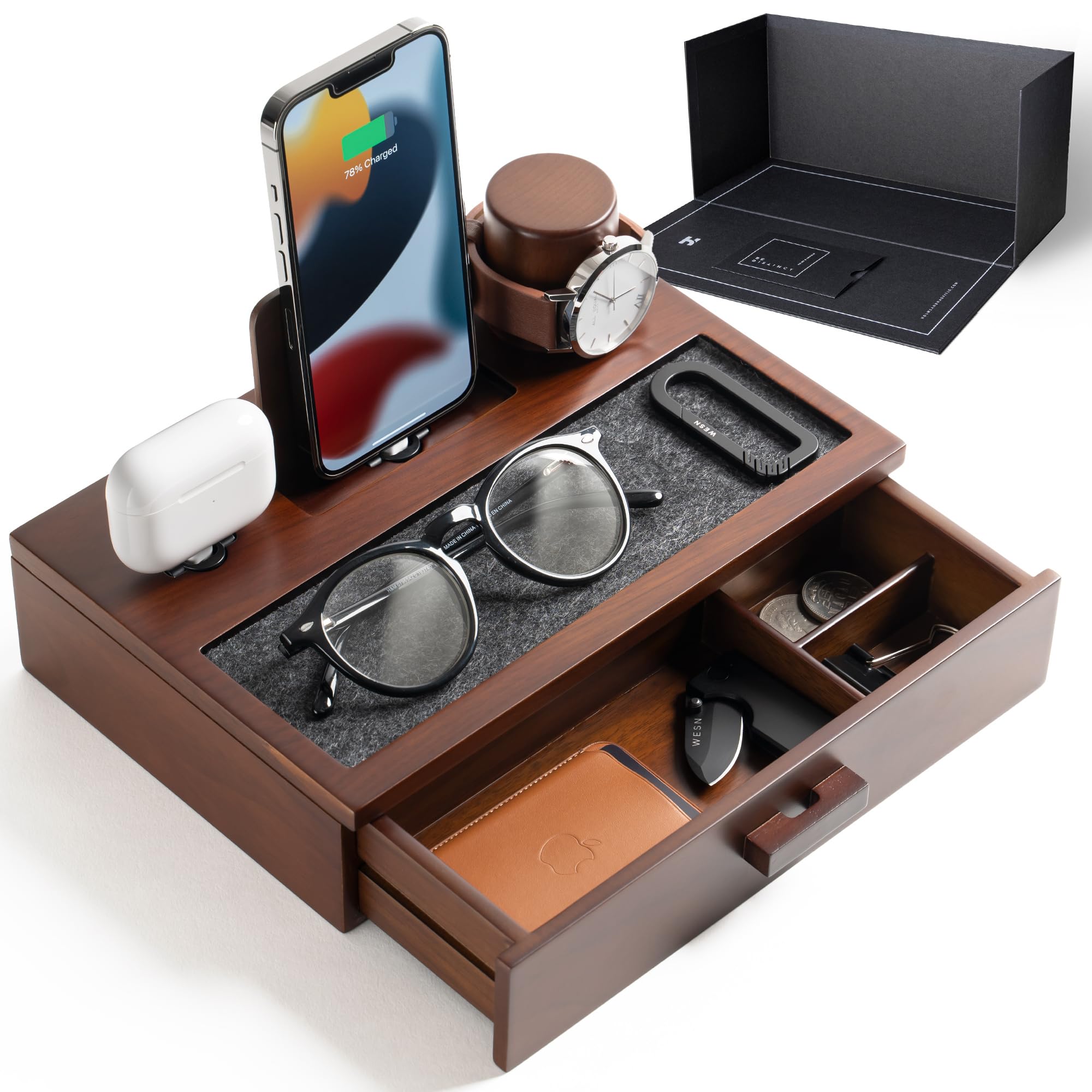 Photo 1 of Holme & Hadfield Premium Wooden Phone Docking Station with Drawer – Nightstand Organizer for Charging Phone & Earbuds – Declutter Your Space with Felt-Lined Protection & Watch Pillar - Gift For Men