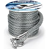 Boat Anchor Rope 3/8 inch 50ft Premium Solid Braid Nylon MFP Boat Rope with Stainless Steel Thimble & Shackle, Quality Marine Line, Grey,Boat Accessories