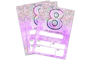 AKTFV 8Th Birthday Invitation Cards, Holographic Balloons Double-Sided Fill In Style Birthday Invites With Envelopes, Glitter Purple 8 Years Old Invitations For Girls, Teen, Party Favor & Supplies - A08