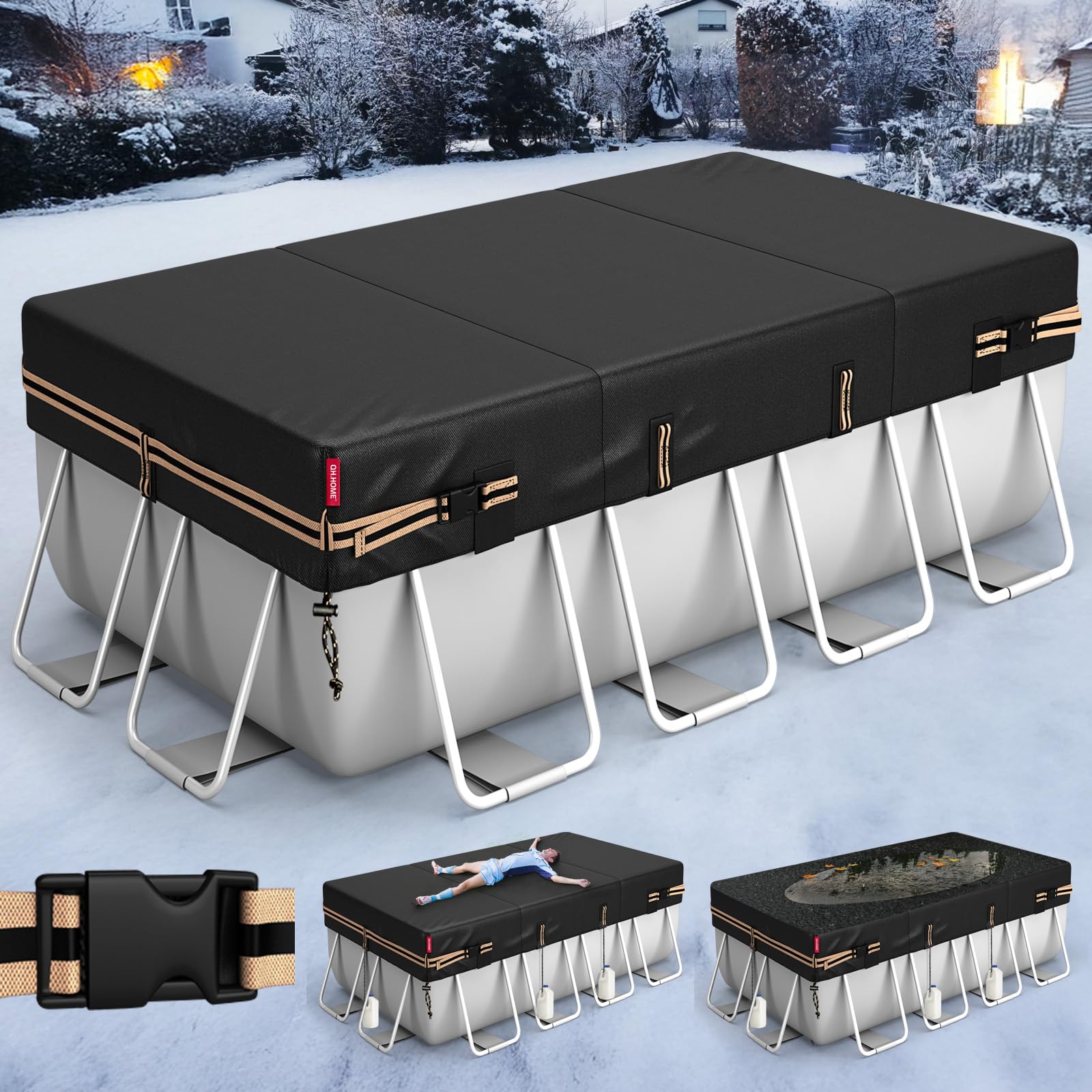 Photo 1 of QH.HOME 12x24 Ft Rectangular Pool Cover for Bestway/Intex/Coleman Frame Rectangular Pool, [Excellent Windproof ] with Adjustable Buckle Straps & Drawstring Hem. [Durable, Tear Resistant]