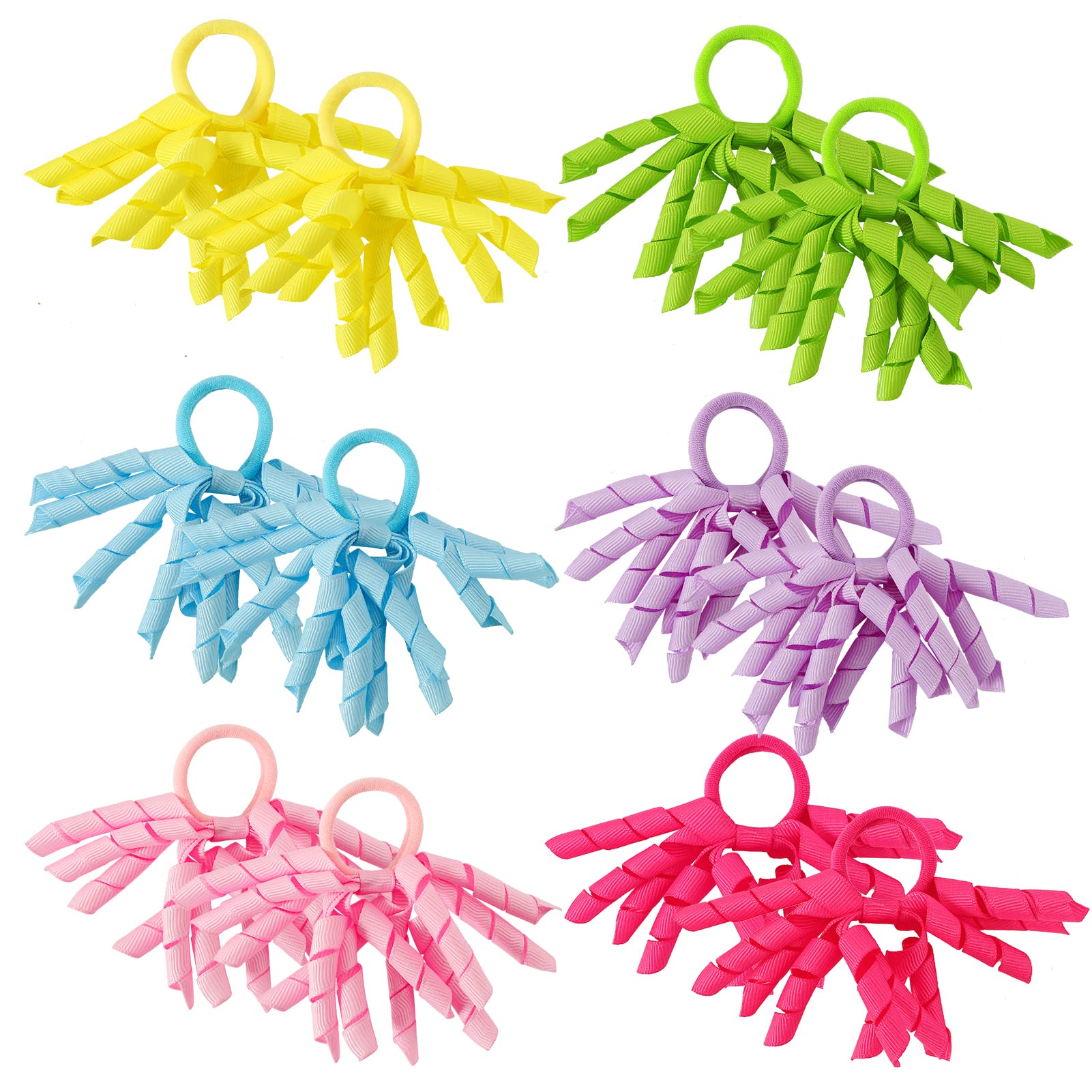 12 Pack Colorful School Hair Bobble Uniform Bobbles,Girls Streamer Hair Bobbles Curly Ribbon Bobble Hair Bands for Girls School Accessories(Sky Blue,Green,Yellow,Red,Purple)