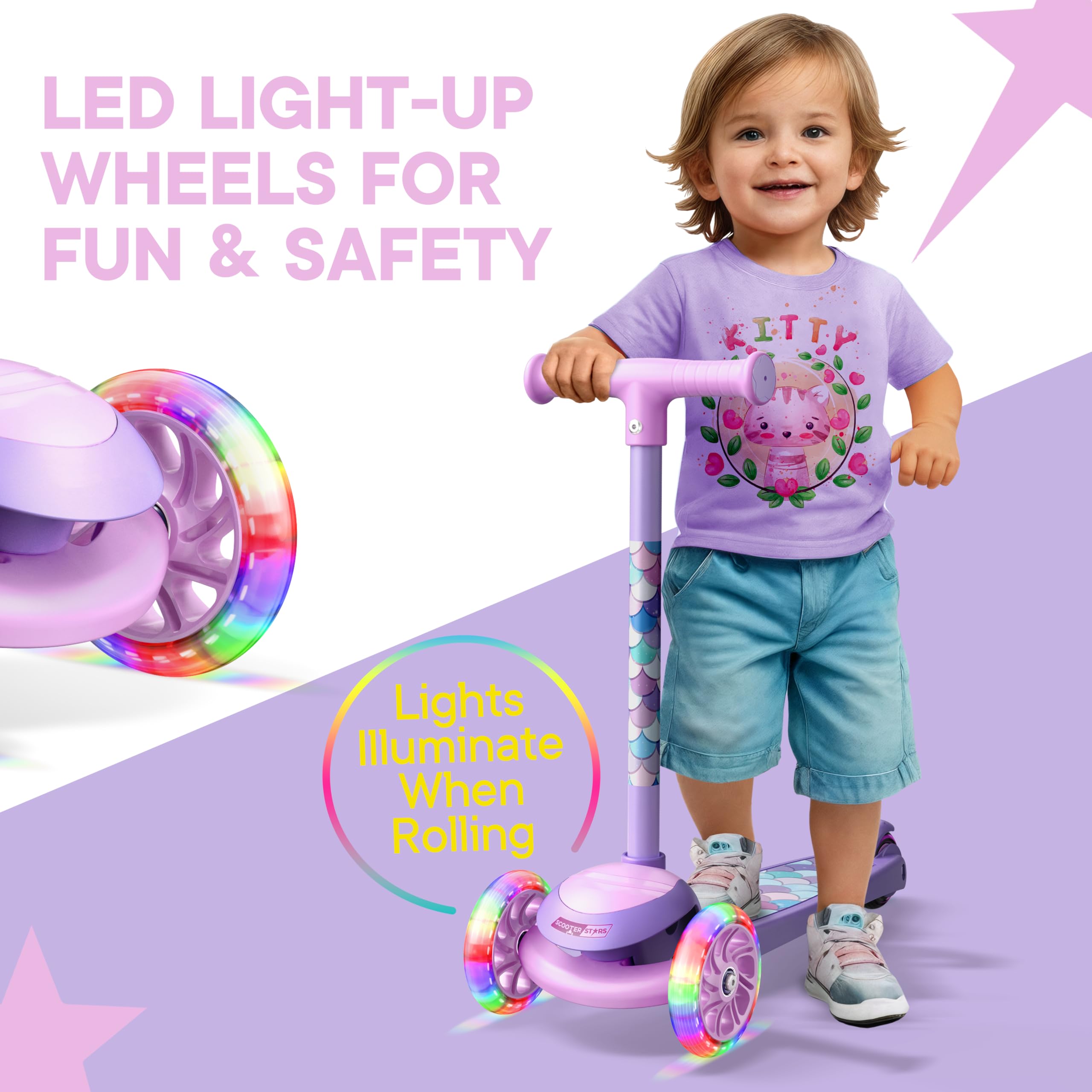 3 Wheel Scooter for Kids, Smooth Light Up LED Front Wheels, Wide Anti Slip Deck, Rear Foot Brake, Easy Lean to Steer Maneuvering, Indoor & Outdoor Ride On Toys for Ages 2 Up
