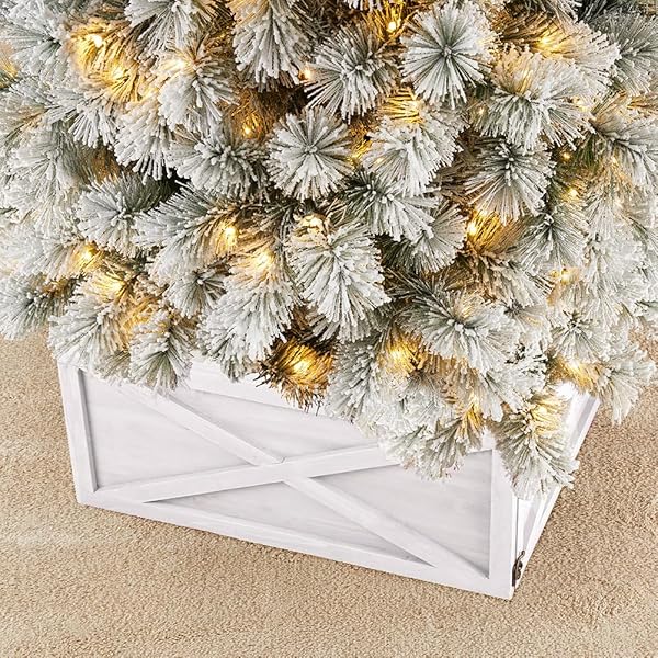 GLITZHOME CHRISTMAS TREE COLLAR, CHRISTMAS TREE BASE COVER, 22″ L WASHED WHITE WOODEN TREE COLLARS FOR ARTIFICIAL TREES DECORATIVE TREE STAND COVER CHRISTMAS TREE SKIRT COLLAR