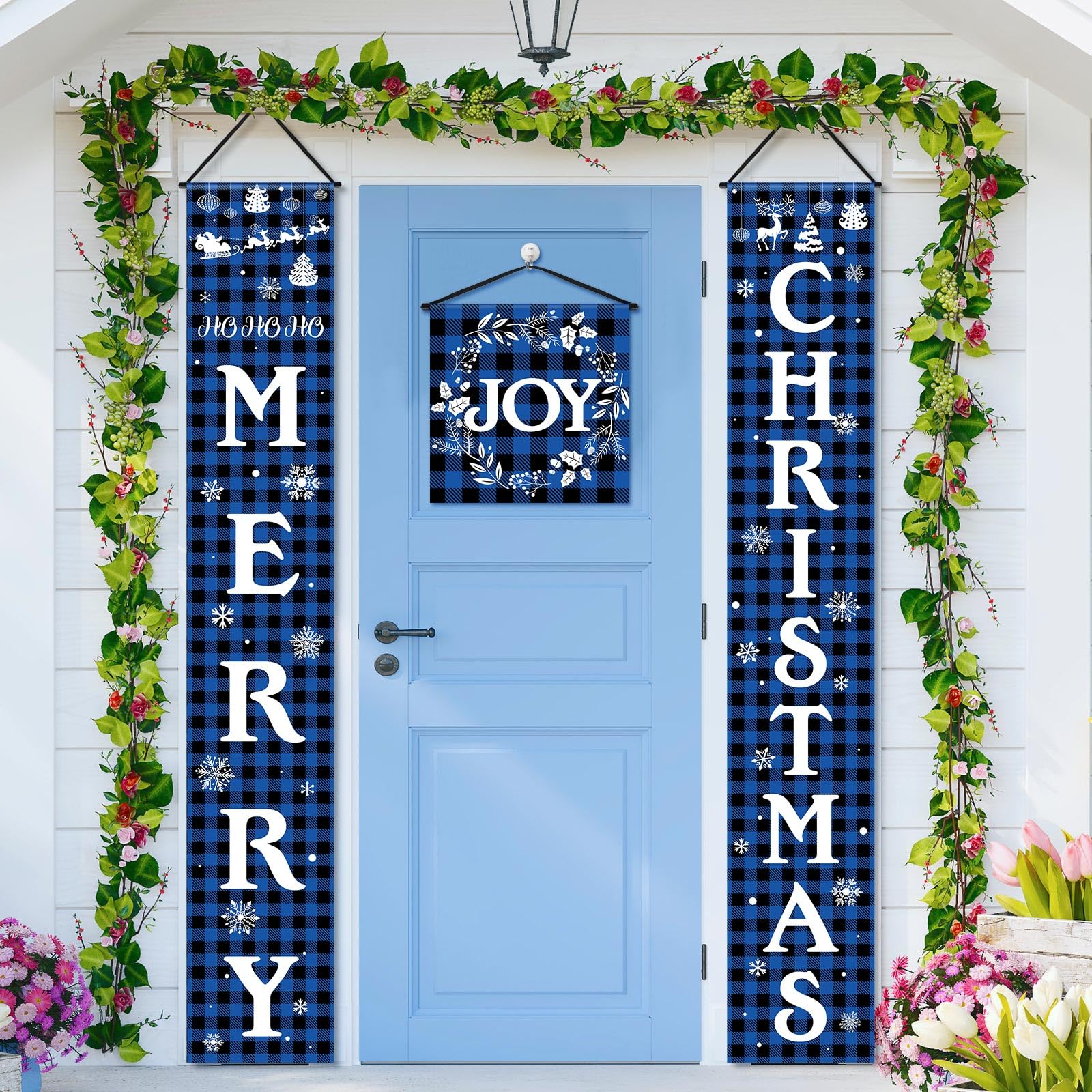 3 Pieces Merry Christmas Porch Signs Christmas Buffalo Plaid Blue Porch Banners Xmas Party Front Door Signs Joy Christmas Hanging Decors for Holiday Home Indoor Outdoor Christmas Party Favors