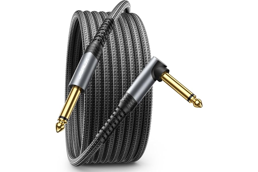 JSAUX Guitar Cable 10 ft, Amp Cord for Electric Guitar/Mandolin/Bass, Pro Audio Instrument Cable with 1/4" Tips(TS Port) Right Angle to Straight-Gray