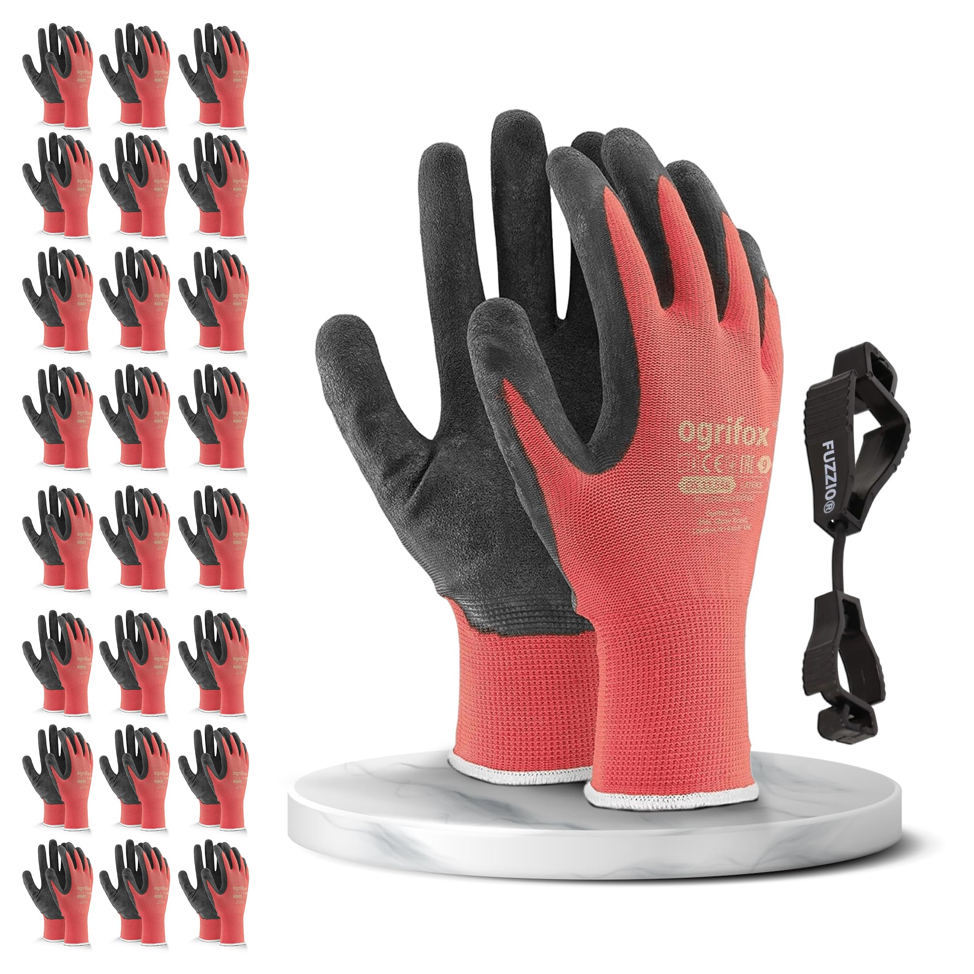 24 pairs of Ogrifox work gloves and a FUZZIO® clip glove holder (L - 9, Red)