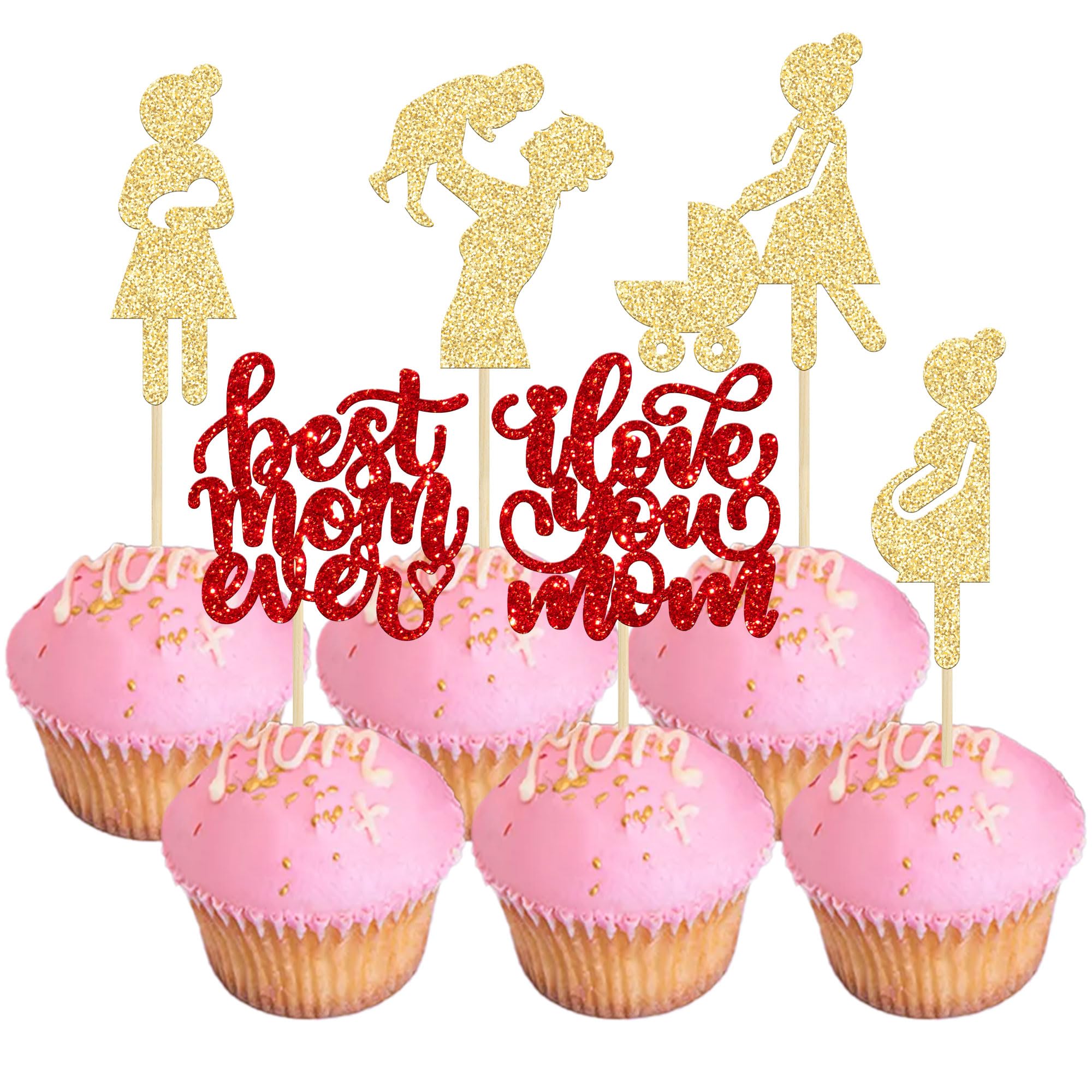 Gyufise 24 Pack Glitter Happy Mother's Day Cupcake Toppers Best Mom Ever Cupcake Picks Pregnant Mom Cake Toper Decorations Party Supplies for Mother's Day Party Cupake Decorations