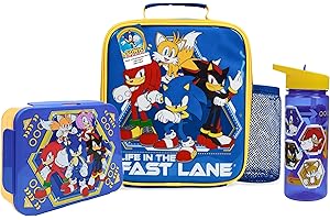 Get Trend Sonic the Hedgehog Lunch Bag, Lunch Box, Water Bottle for Kids 3 Piece Set Bento Box, Insulated Snack Container, Shadow Gifts for Kids (Multi Sonic)