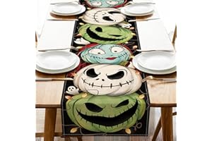 Croar Halloween Jack O Lantern Pumpkin Table Runner, Jack Skellington Green Monster Sally Ghost Kitchen Dining Table Decoration, Funny Holiday Indoor Outdoor Home Decor Party Supply 13 x 36 Inch