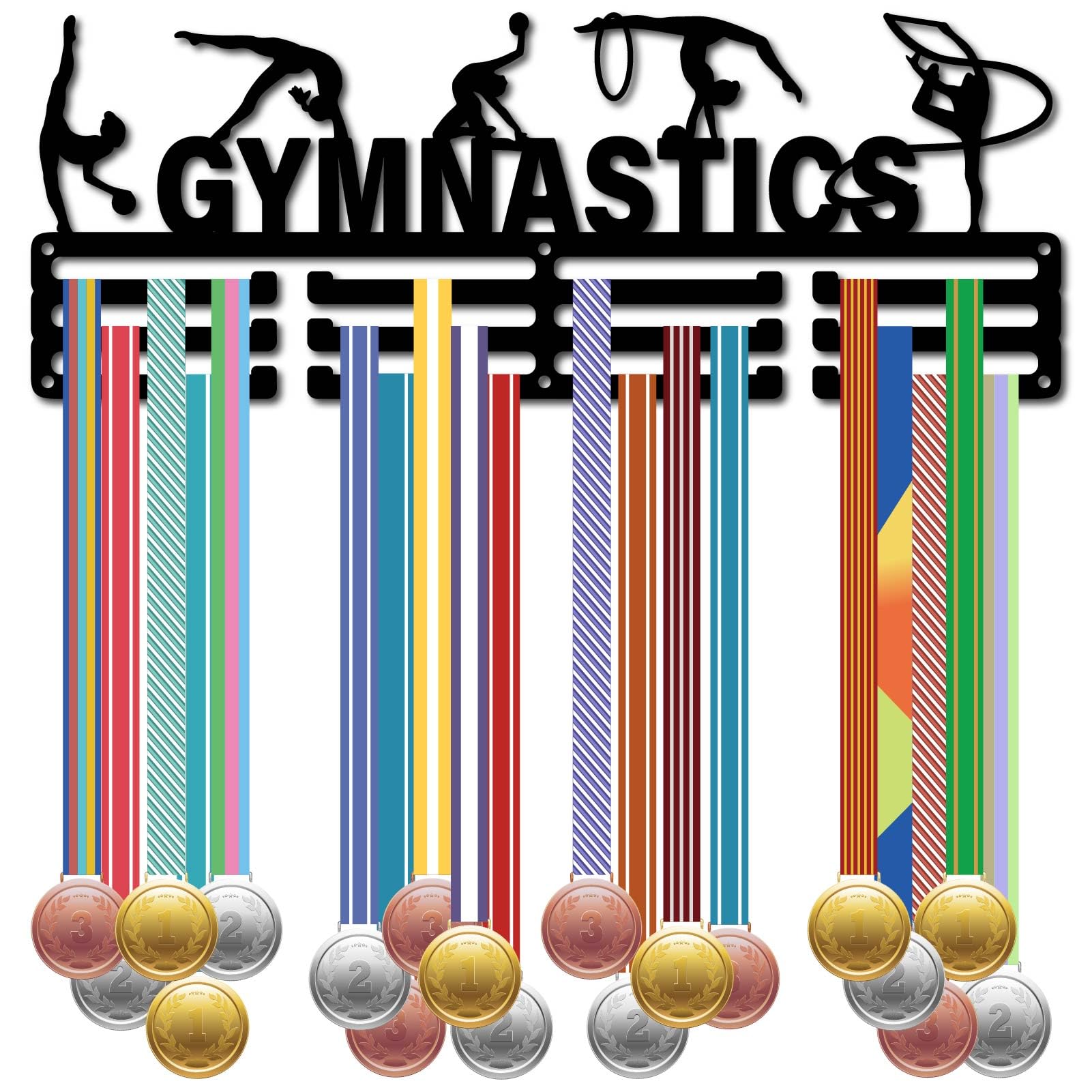 CREATCABIN Gymnastics Medal Holder Display Sports Medal Hanger Medal Wall Mount Frame Shelf Black Metal Wall Decor Medal Organizer Rack for Hanging 60+Medals Ribbon Competition Athlete Gift 15.7x6Inch