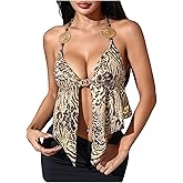 MakeMeChic Women's Y2K Leopard Print Backless Top Spaghetti Strap Cami Crop Top Halter Tops