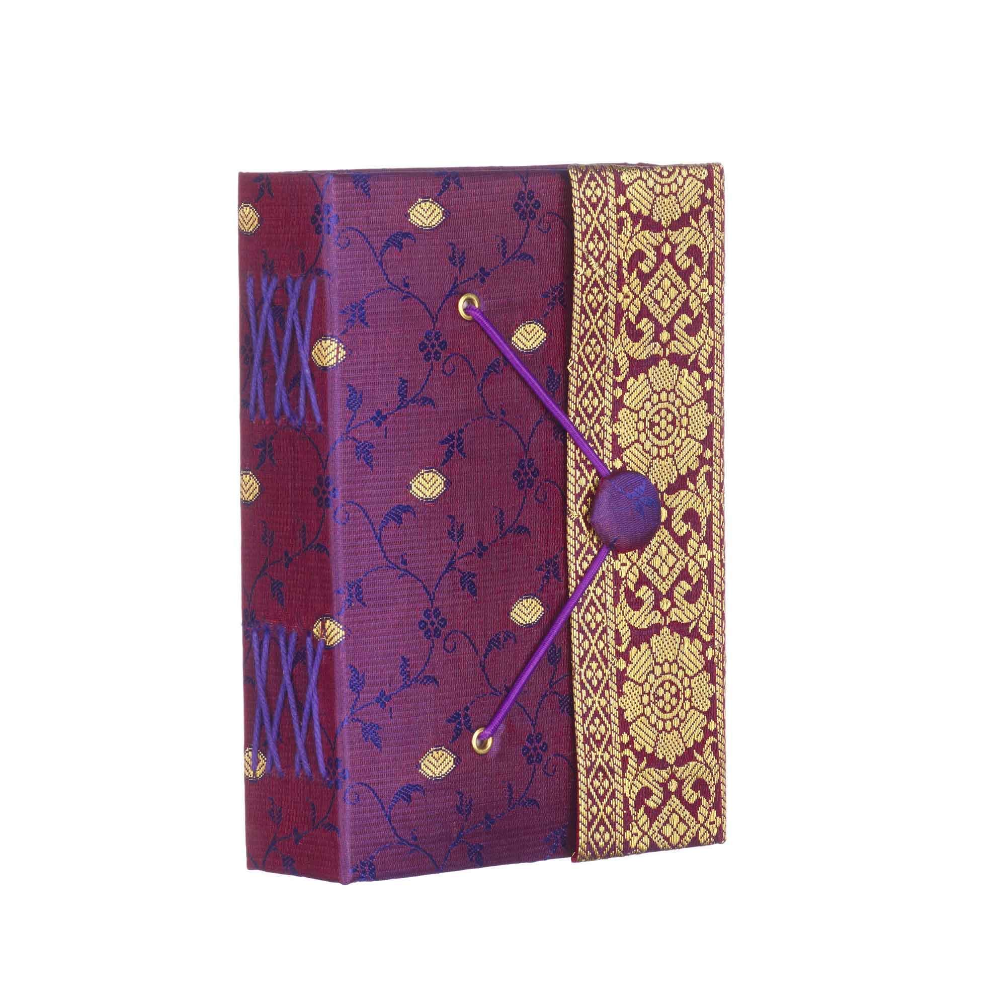 Sari Journal Medium 11cm x 16cm - Purple - Unlined Recycled Paper - Elastic Closure - Pocket Notebook and Diary - Indian Stationery Gift - For Men Women Students - Sari Fabric