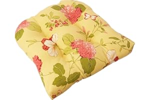 Pillow Perfect Bright Floral Indoor/Outdoor Chair Seat Cushion, Tufted, Weather, and Fade Resistant, 19" x 19", Gold/Red Risa, 2 Count