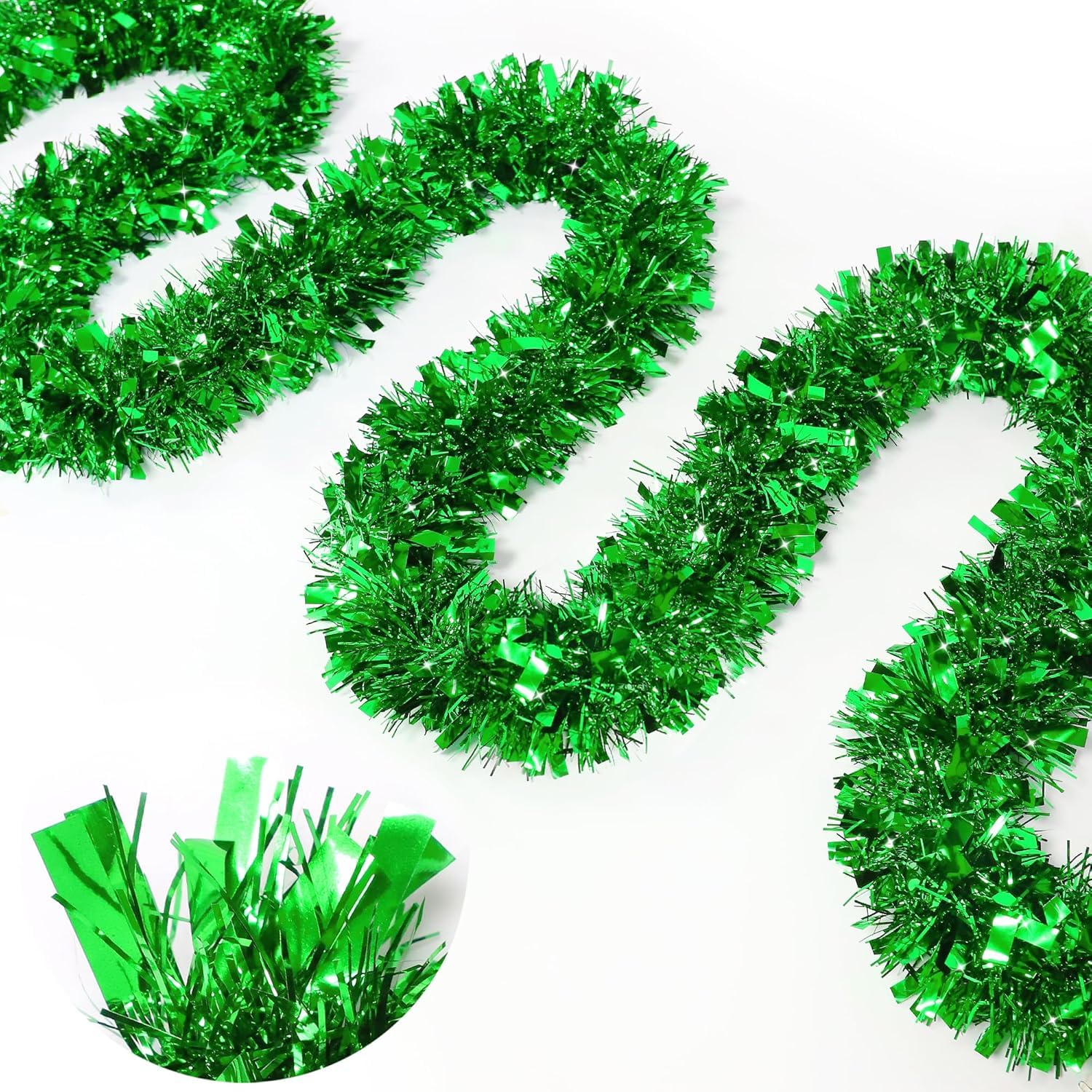 KAHEIGN 8M Christmas Tinsel Garland, Green Color Metallic Tinsel Chunky Glittering Tinsels Thick Shiny Garland for Christmas Tree Decoration