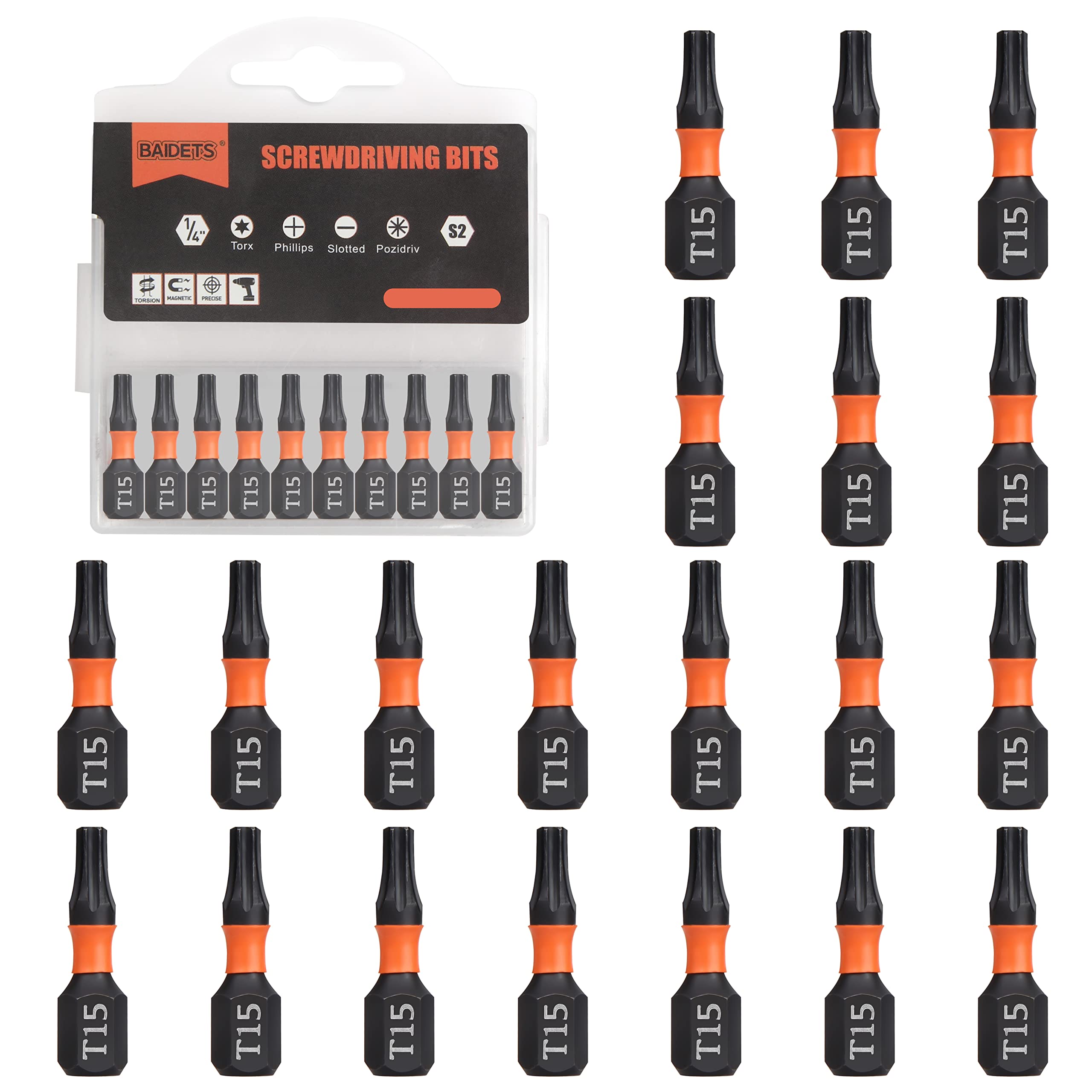 BAIDETS Pro T15 Bit Assortment - Screwdriver Bits Set 20Pcs, 25mm Length, Torx Screwdriver Bit, 1/4 Inch Hex Shank, with Storage Box — image 1
