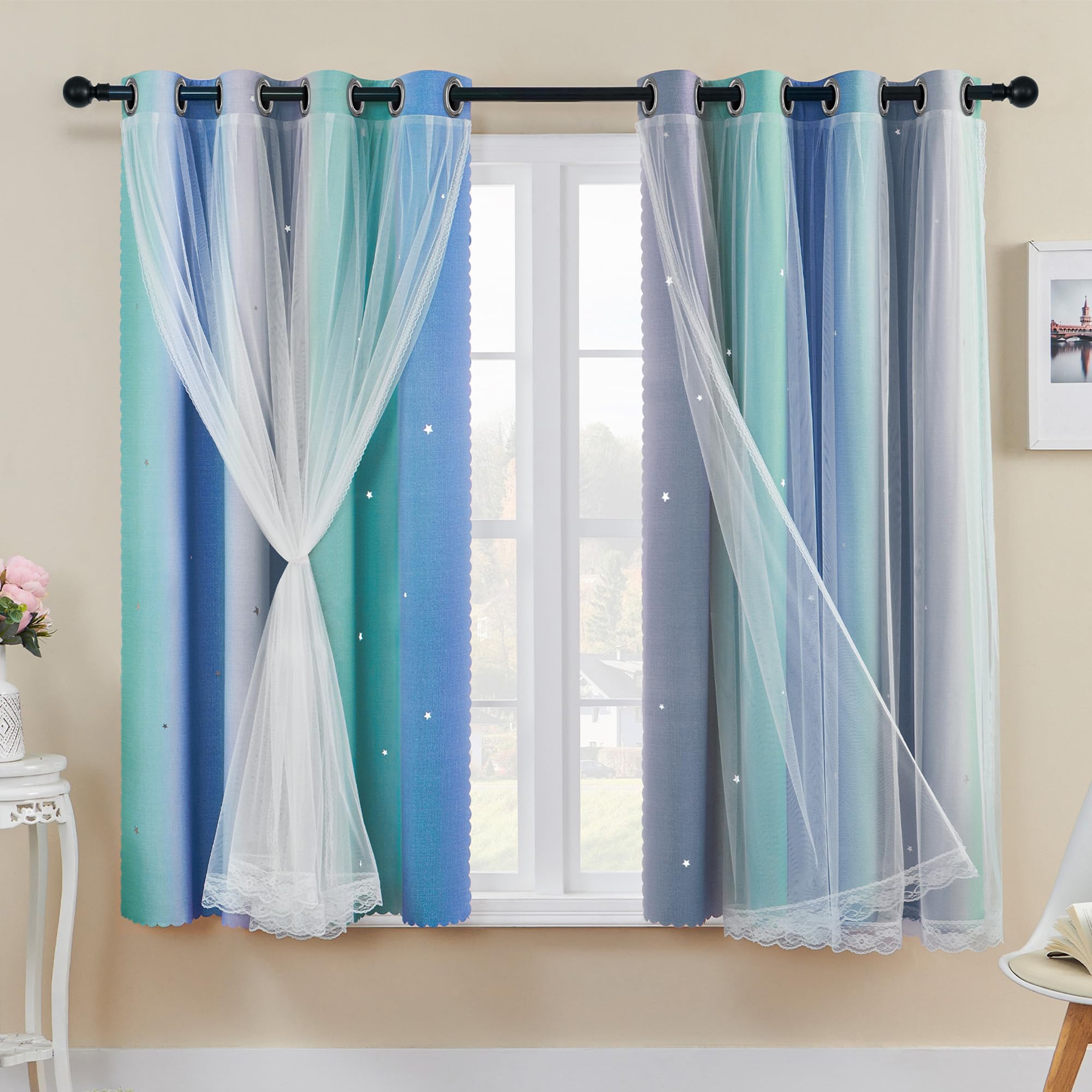 XiDi Rainbow Curtains for Bedroom Stars Decoration Thermal Insulated Net Curtains with Rings for Kids Girls Bedroom Window Treatment Green Blue Grey 52x63 Inch 2Pcs
