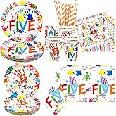 Hi Five Birthday Party Supplies, Includes Plates, Napkins, Tablecloth, Cups and Straws,for Kids Boys Girls 5th Birthday Party Decoration Serves 20