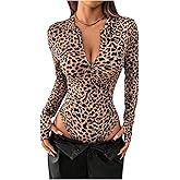 Milumia Women's Leopard Print Zipper Front Long Sleeve Bodysuit Y2k Leotard Tops