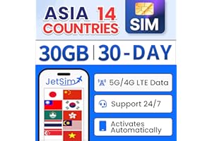 JetSim Asia SIM Card 30 Days for China (Mainland), Japan, Philippines, Thailand, Vietnam, Singapore and 8 More Countries, 30G