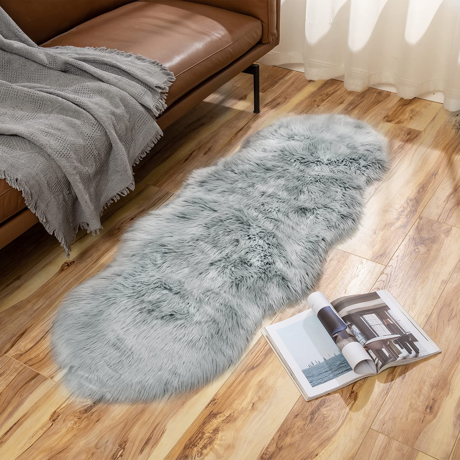 MIULEE Faux Fur Area Rugs Sheepskin Rugs Faux Fluffy Mat Fleece Chair Cover Seat Pad Soft Shaggy Area Mat for Bedroom Sofa Floor 60 x 160cm Grey