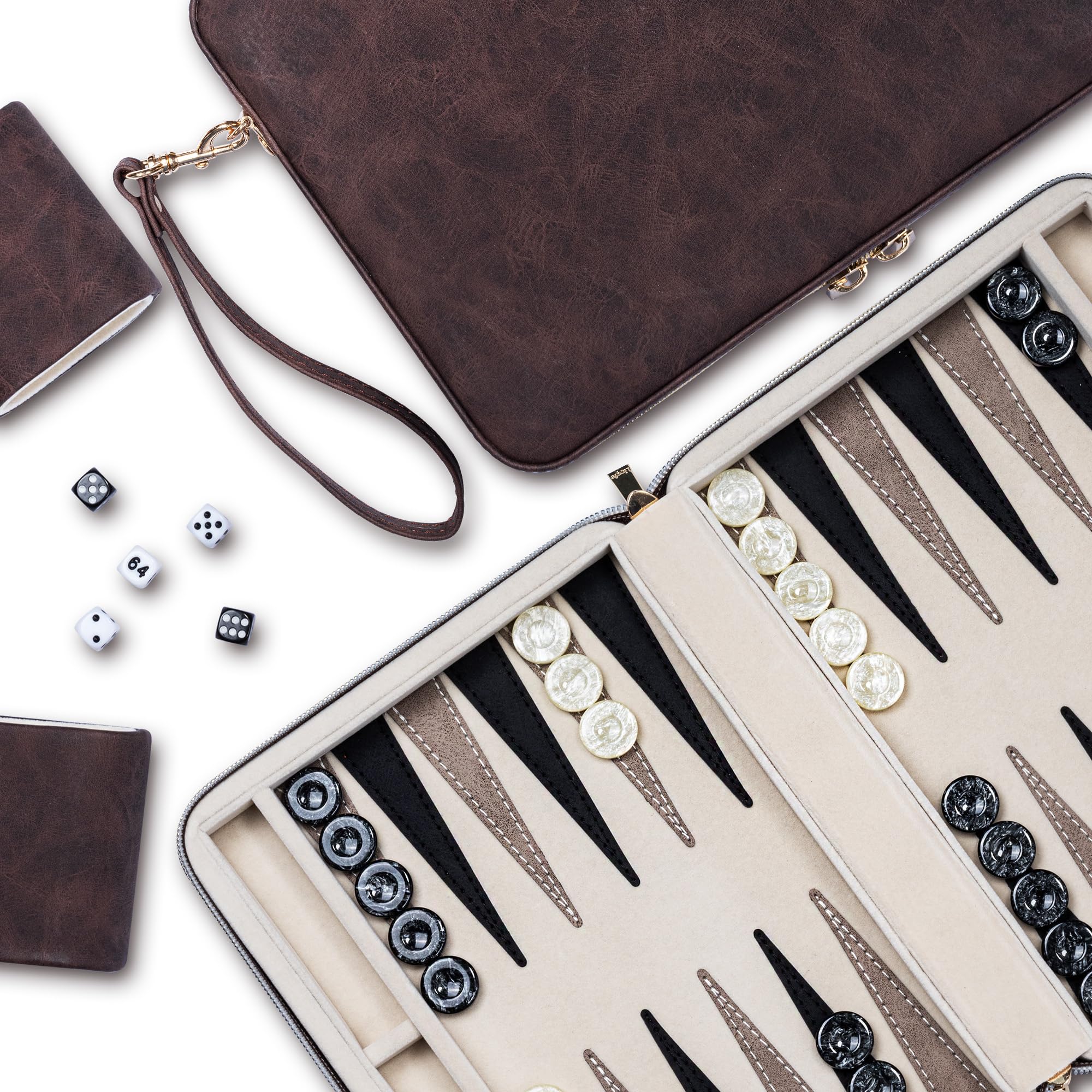 Lingle 9.4" Backgammon Sets for Adults, Classic Board Game with Folding Faux Leather Backgammon Case, Portable Travel Backgammon Game Set (Brown)