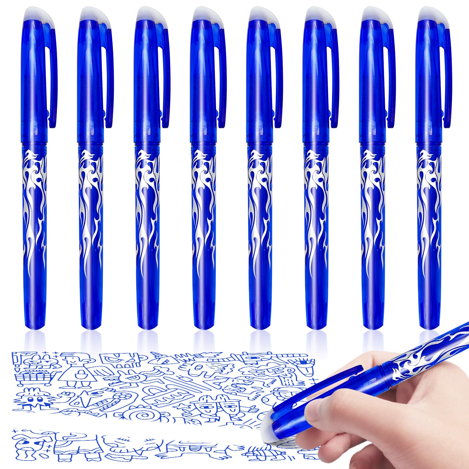 Obidodi 8 Erasable Gel Pens - Blue, Rub Out Pens with Rubbers for Kids & Adults, 0.5mm Point