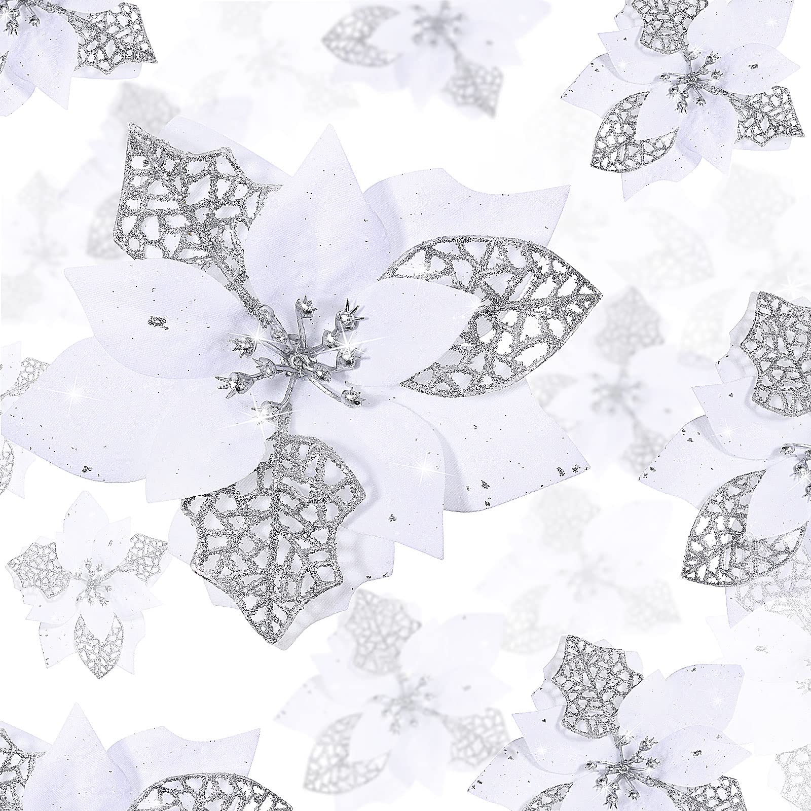 Geosar 72 Pieces 3/4/6 Inches Christmas Artificial Glitter Poinsettia Flowers Ornaments Xmas Flowers Wedding for Christmas Tree Ornaments(White)