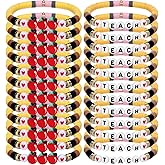 Tondiamo Teacher Bracelet Gifts Bulk for Man Woman Teacher Appreciation Polymer Clay Beaded Pencils Bracelets Apple Bracelets Charm Jewelry Gift(24 Pack,Yellow and Red)