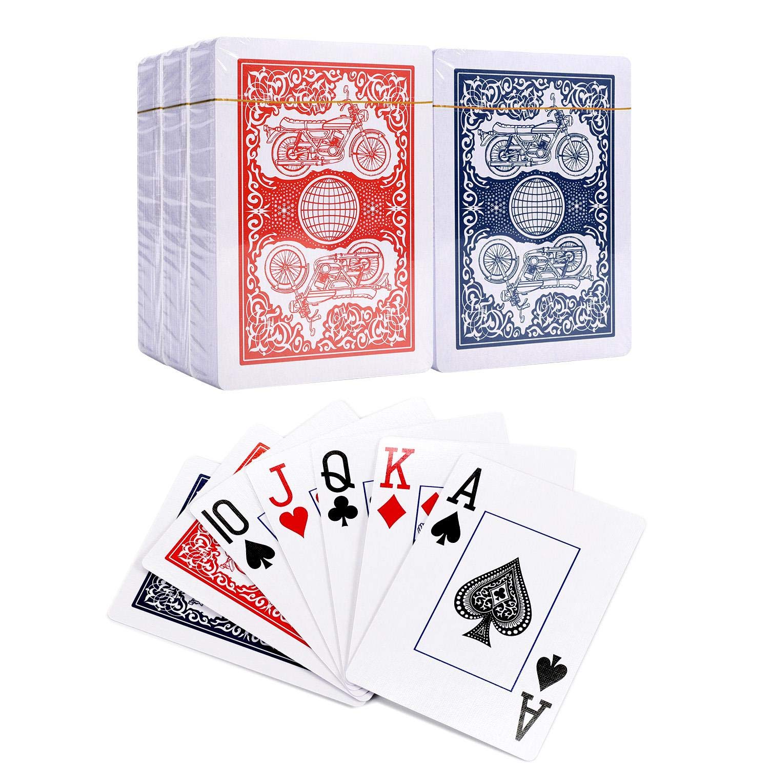 Vinsani Motorbike Playing Cards, Poker Size Standard Index, 6 Decks of Cards (3 Red and 3 Blue), for Blackjack, Euchre, Canasta, Pinochle Card Game, Casino Grade