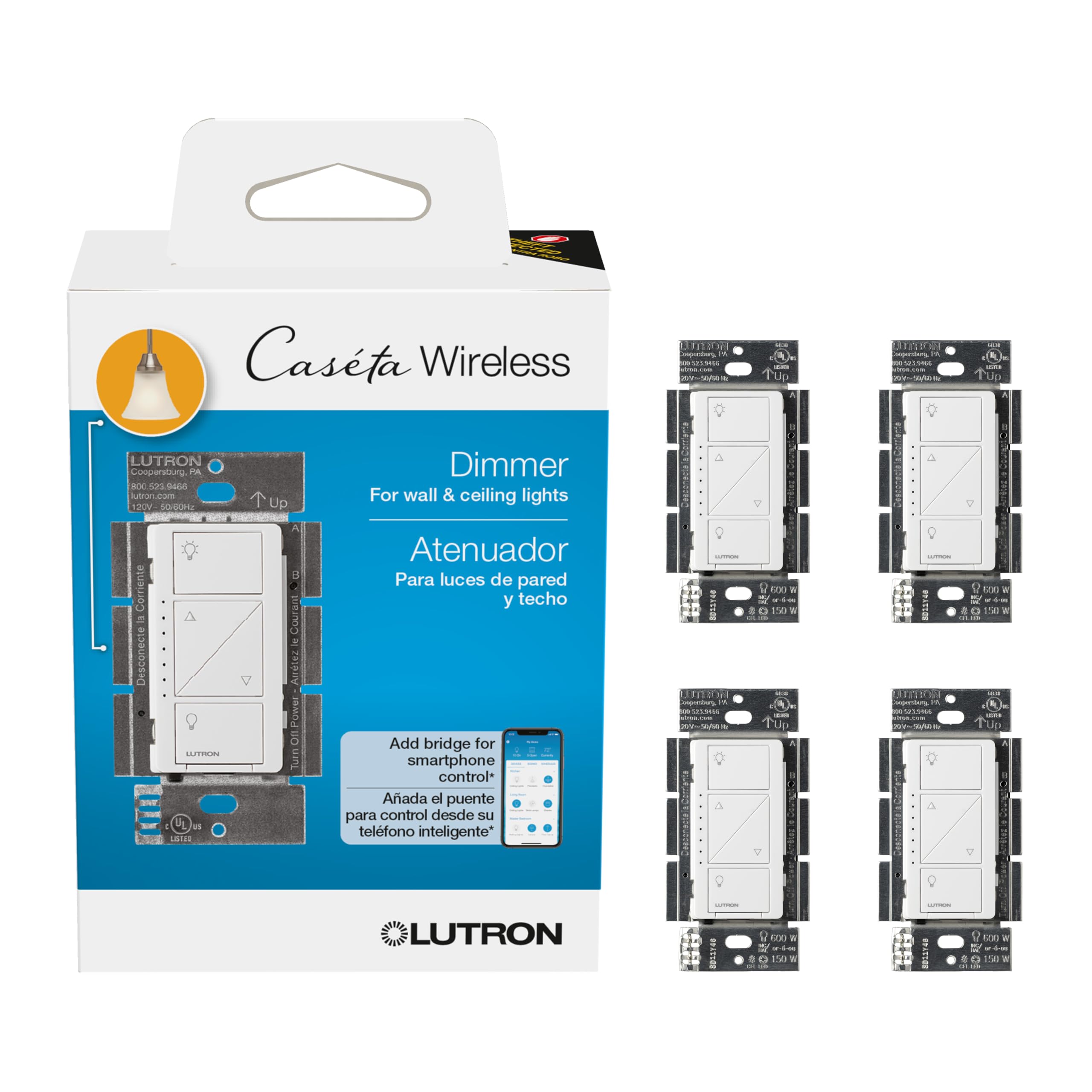Photo 1 of (missing pieces) Lutron Caseta Original Smart Dimmer Switch (Lutron Smart Hub Required), for LED Lights, 150 Watt, Single-Pole/3-Way, No Neutral Required, PD-6WCL-WH, White, 4-Pack