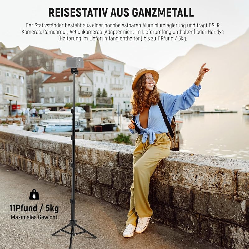 Basic Handy Stativ für iPhone Kamera mit Fernbedienung und Handyhalterung, 66" Metall Selfie Stick, Reise Vlog Smartphone Stativ, tragbare Kamera Mobile Tripod für Videoaufnahmen Filmen, TS03