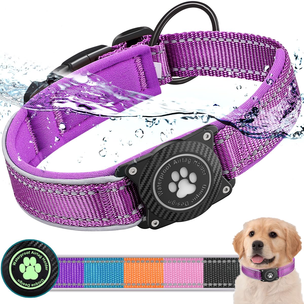 Ytanest Waterproof Airtag Dog Collar, Dog Collar with Apple Air Tag Holder, Reflective Dog Tracker Collar for Small Medium Large Dogs, Purple, L