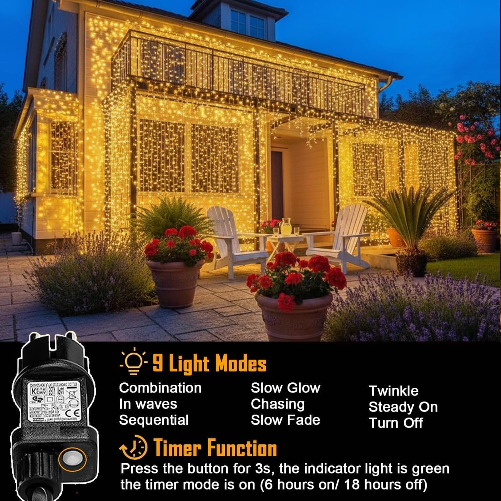 yowin Lichtervorhang 6m x 3m 600 LED Lichterketten Vorhang mit Stecker, 8 Modi Lichtervorhang Aussen Wasserdicht Wasserfall Lichterkette für Zimmer Hochzeit Garten Pergola Außen Innen Weihnachtsdeko 3